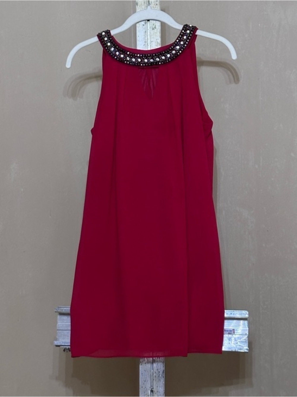 Title: BCX Red Flowy Halter Dress with Beaded Neckline – Size S